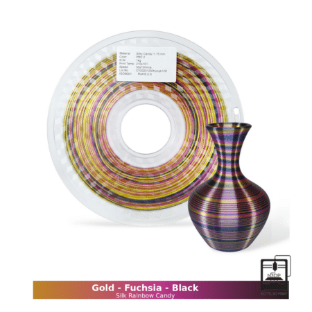 Hello3D PLA Silke Regnbue, Candy serien Triple farve Guld-Fuchsia-Sort - 1,75 mm / 1000 gr.